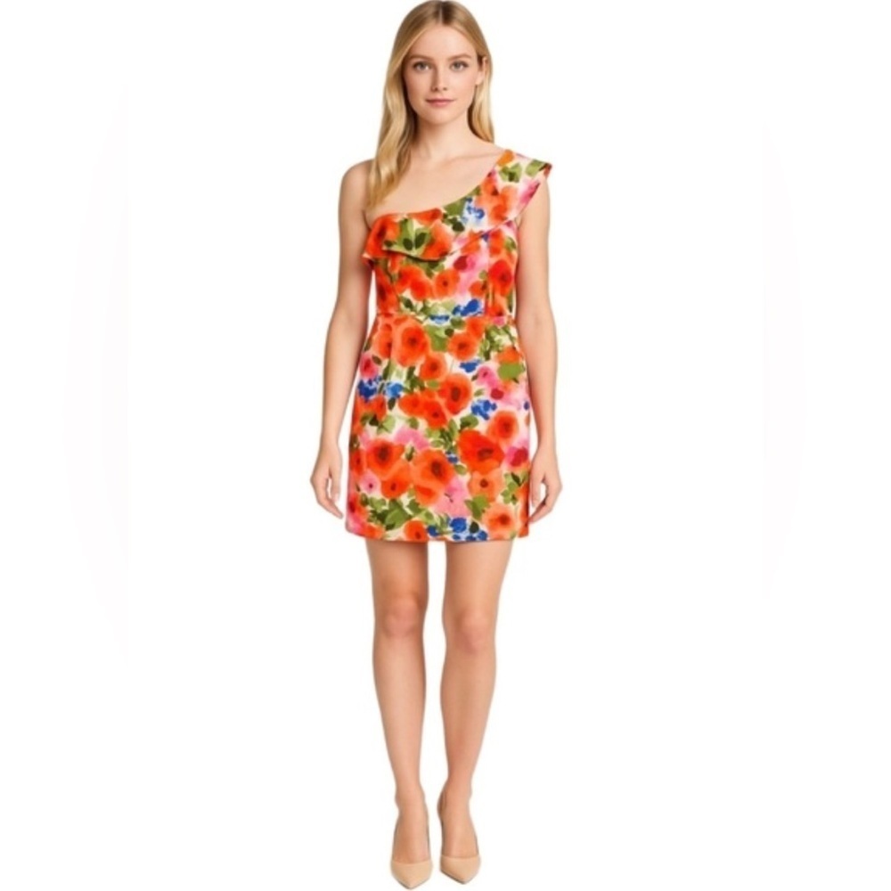 Eliza J Watercolor Floral Print One-Shoulder Sheath Dress Sz 8